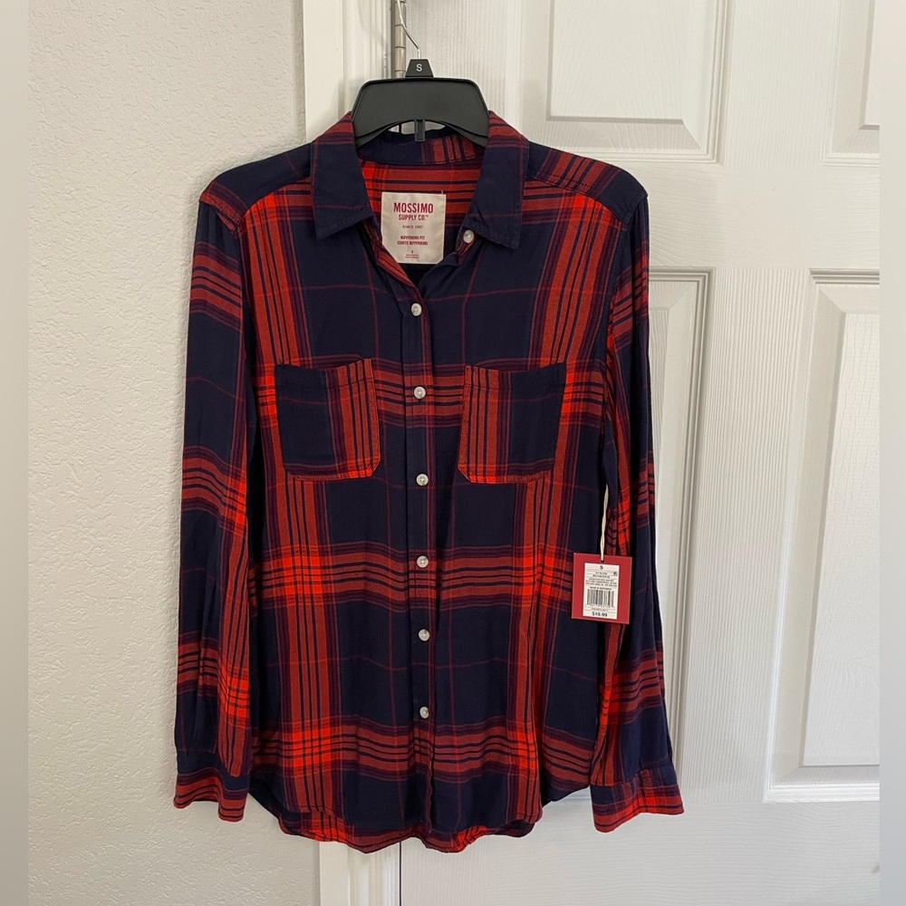 NWT Mossimo blue and orange plaid button up boyfriend fit size S